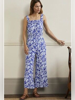 Boden Blue And White Tropical Floral Wide Leg Jumpsuit